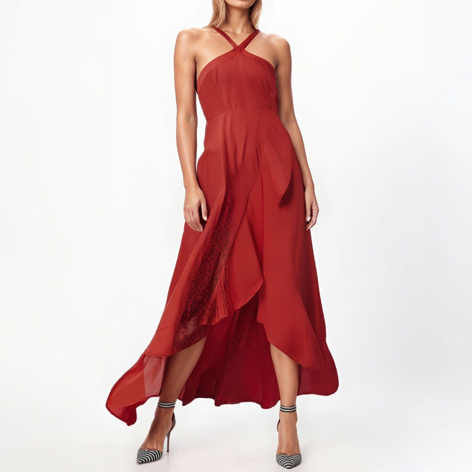 thumbnail image 2 of Vestido de fiesta de verano fluido para mujer con tirantes con volantes: elegante color liso, tejido ligero, cómodo para ocasiones especiales., 2 of 5